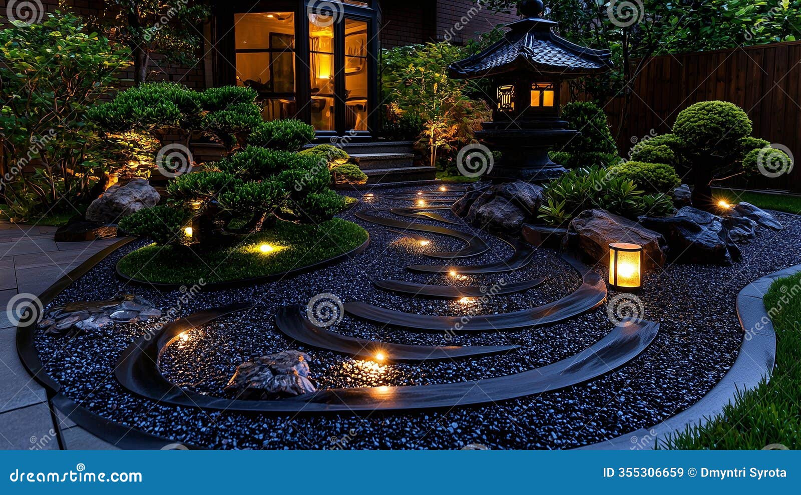 Illuminated zen garden with peaceful evening atmosphere